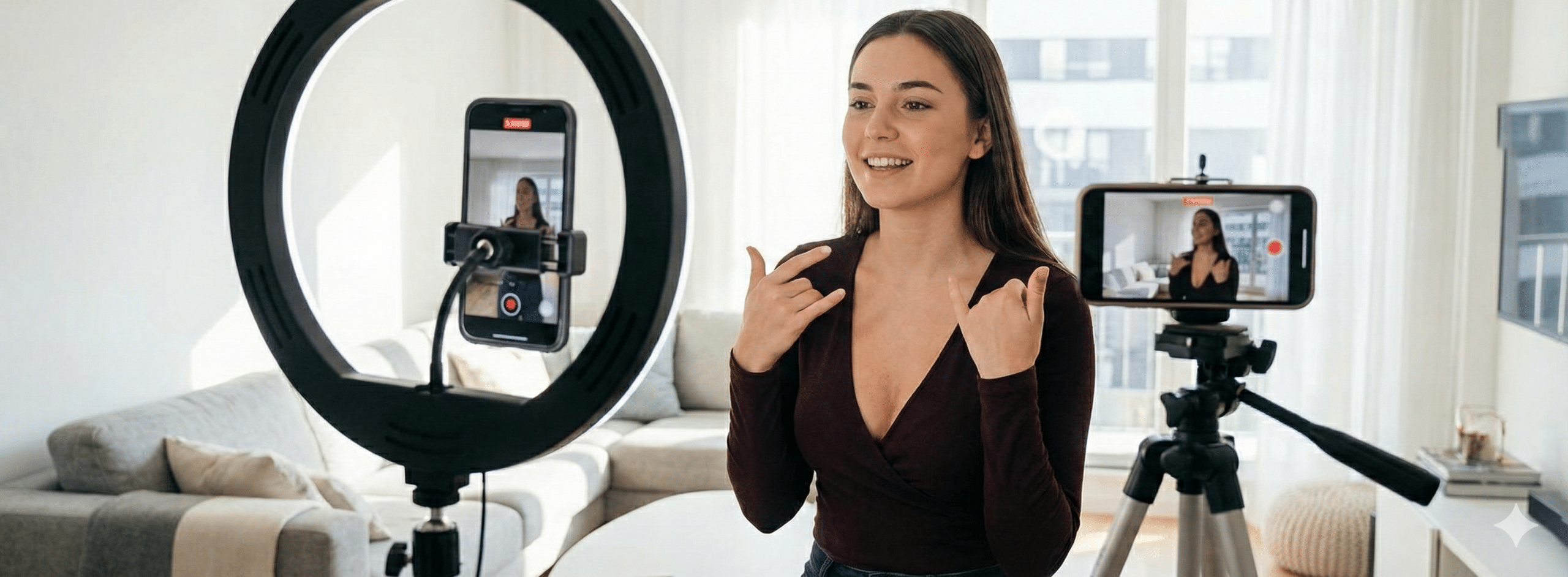 Creator filming content with professional ring light setup